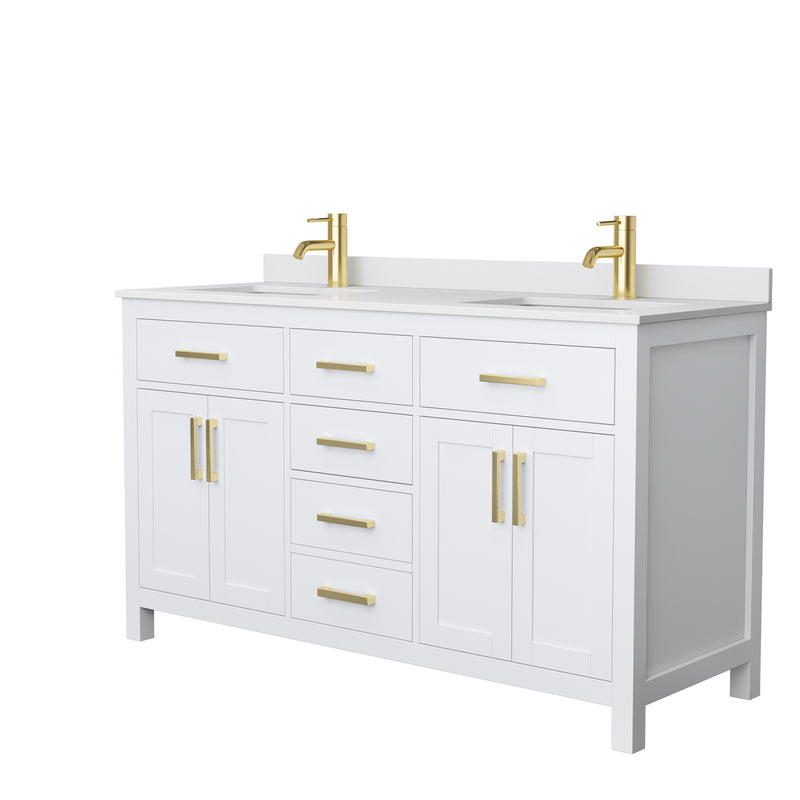 Wyndham Beckett 60" Double Bathroom Vanity In White White Cultured Marble Countertop Undermount Square Sinks Brushed Gold Trims And No Mirror WCG242460DWGWCUNSMXX