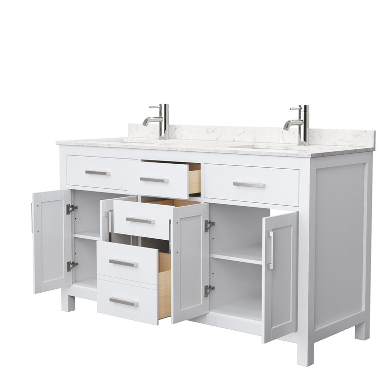 Wyndham Beckett 60" Double Bathroom Vanity In White Carrara Cultured Marble Countertop Undermount Square Sinks and No Mirror WCG242460DWHCCUNSMXX