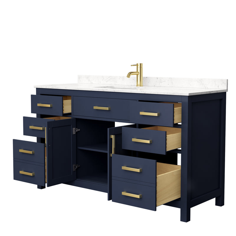 Wyndham Beckett 60" Single Bathroom Vanity In Dark Blue Carrara Cultured Marble Countertop Undermount Square Sink and No Mirror WCG242460SBLCCUNSMXX