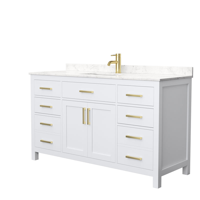 Wyndham Beckett 60" Single Bathroom Vanity In White Carrara Cultured Marble Countertop Undermount Square Sink Brushed Gold Trims And No Mirror WCG242460SWGCCUNSMXX