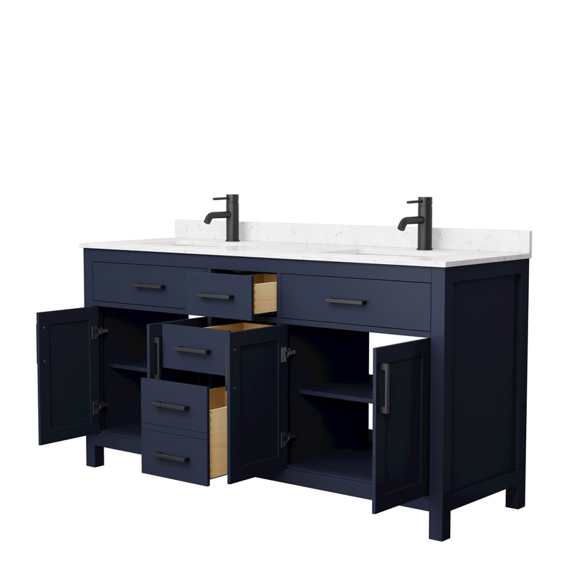 Wyndham Beckett 66" Double Bathroom Vanity In Dark Blue Carrara Cultured Marble Countertop Undermount Square Sinks Matte Black Trim WCG242466DBBCCUNSMXX