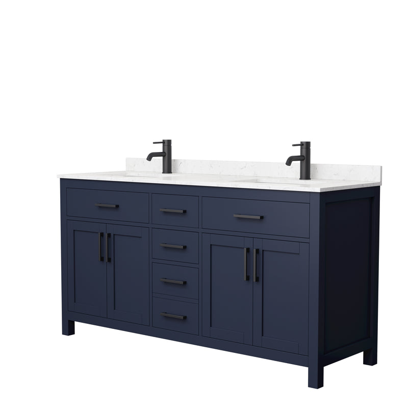 Wyndham Beckett 66" Double Bathroom Vanity In Dark Blue Carrara Cultured Marble Countertop Undermount Square Sinks Matte Black Trim WCG242466DBBCCUNSMXX