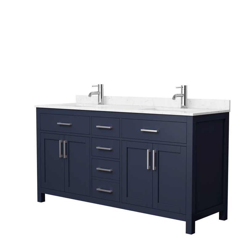 Wyndham Beckett 66" Double Bathroom Vanity In Dark Blue Carrara Cultured Marble Countertop Undermount Square Sinks Brushed Nickel Trim WCG242466DBNCCUNSMXX