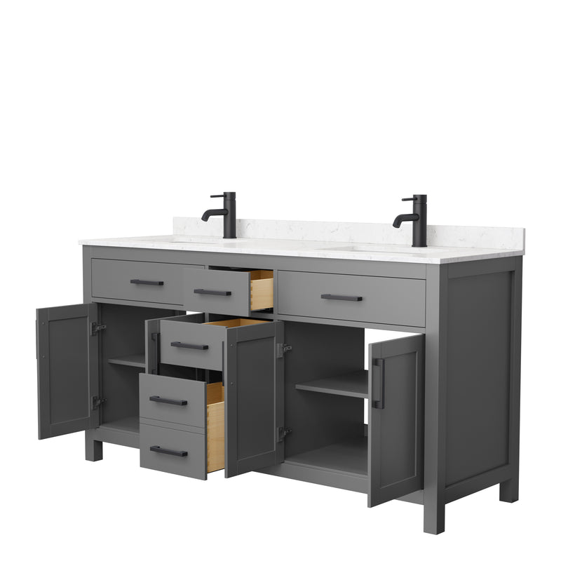 Wyndham Beckett 66" Double Bathroom Vanity In Dark Gray Carrara Cultured Marble Countertop Undermount Square Sinks Matte Black Trim WCG242466DGBCCUNSMXX