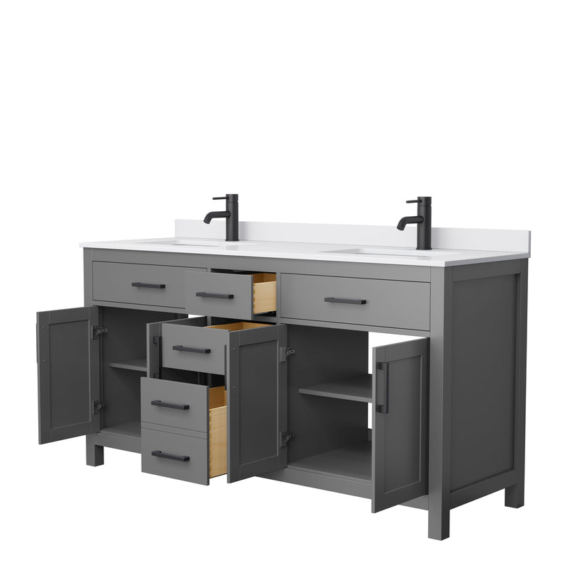 Wyndham Beckett 66" Double Bathroom Vanity In Dark Gray White Cultured Marble Countertop Undermount Square Sinks Matte Black Trim WCG242466DGBWCUNSMXX