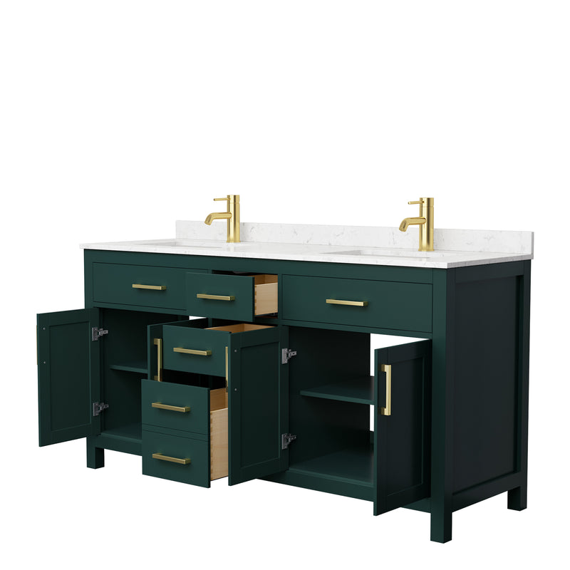 Wyndham Beckett 66" Double Bathroom Vanity In Green Carrara Cultured Marble Countertop Undermount Square Sinks Brushed Gold Trim WCG242466DGDCCUNSMXX