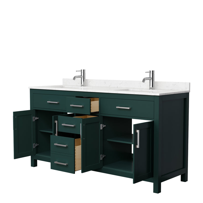 Wyndham Beckett 66" Double Bathroom Vanity In Green Carrara Cultured Marble Countertop Undermount Square Sinks Brushed Nickel Trim WCG242466DGECCUNSMXX