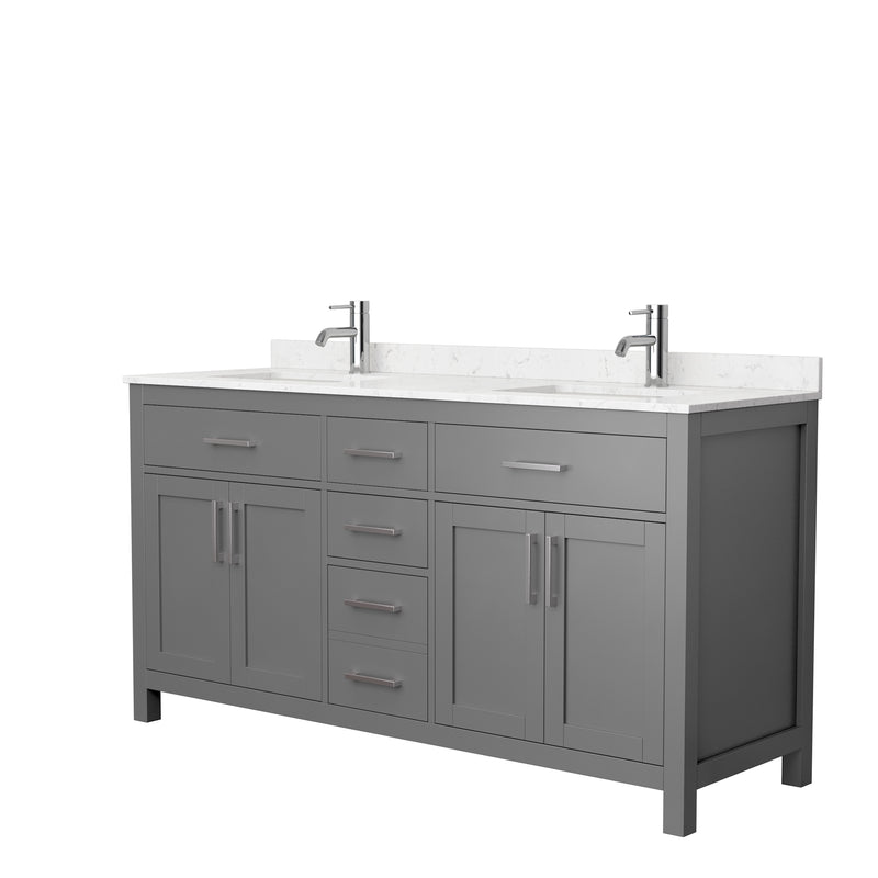 Wyndham Beckett 66" Double Bathroom Vanity In Dark Gray Carrara Cultured Marble Countertop Undermount Square Sinks And No Mirror WCG242466DKGCCUNSMXX