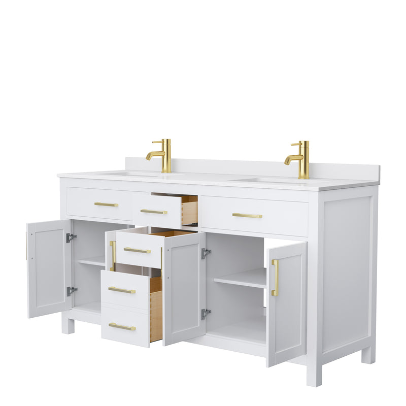 Wyndham Beckett 66" Double Bathroom Vanity In White White Cultured Marble Countertop Undermount Square Sinks Brushed Gold Trims and No Mirror WCG242466DWGWCUNSMXX