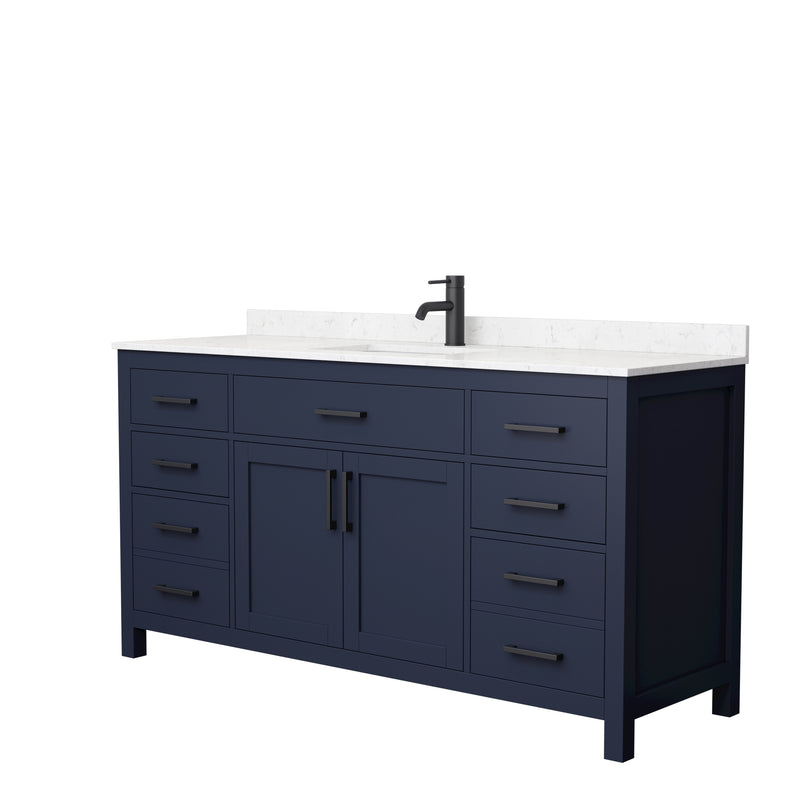 Wyndham Beckett 66" Single Bathroom Vanity In Dark Blue Carrara Cultured Marble Countertop Undermount Square Sink Matte Black Trim WCG242466SBBCCUNSMXX