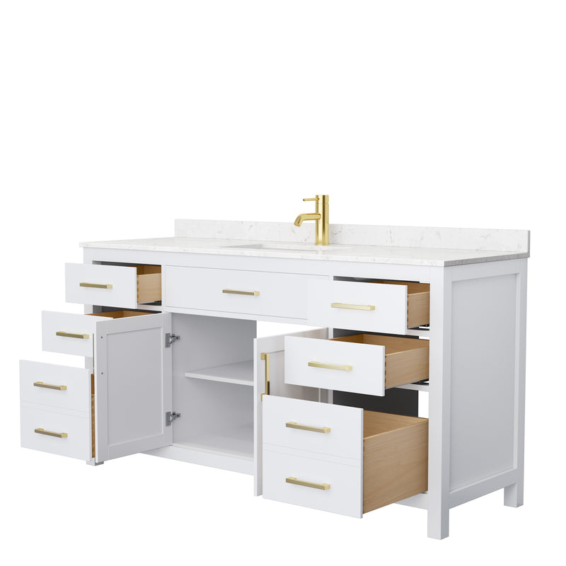 Wyndham Beckett 66" Single Bathroom Vanity In White Carrara Cultured Marble Countertop Undermount Square Sink Brushed Gold Trims and No Mirror WCG242466SWGCCUNSMXX