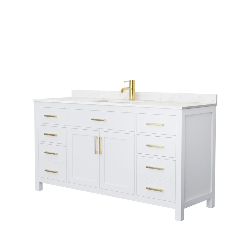 Wyndham Beckett 66" Single Bathroom Vanity In White Carrara Cultured Marble Countertop Undermount Square Sink Brushed Gold Trims And No Mirror WCG242466SWGCCUNSMXX