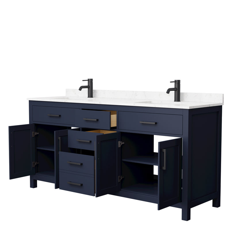 Wyndham Beckett 72" Double Bathroom Vanity In Dark Blue Carrara Cultured Marble Countertop Undermount Square Sinks Matte Black Trim WCG242472DBBCCUNSMXX