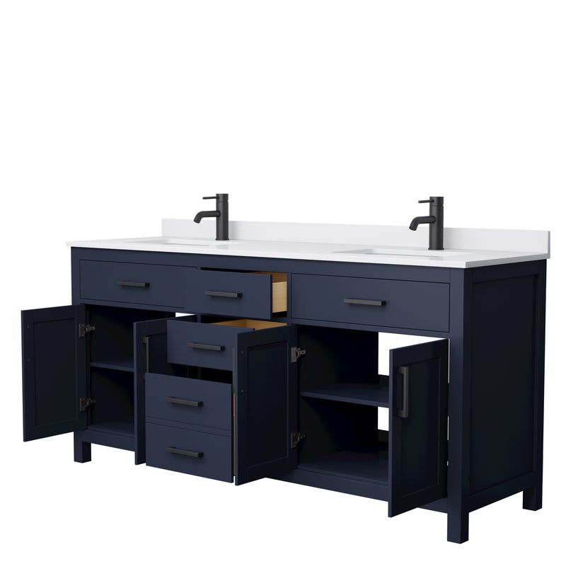 Wyndham Beckett 72" Double Bathroom Vanity In Dark Blue White Cultured Marble Countertop Undermount Square Sinks Matte Black Trim WCG242472DBBWCUNSMXX