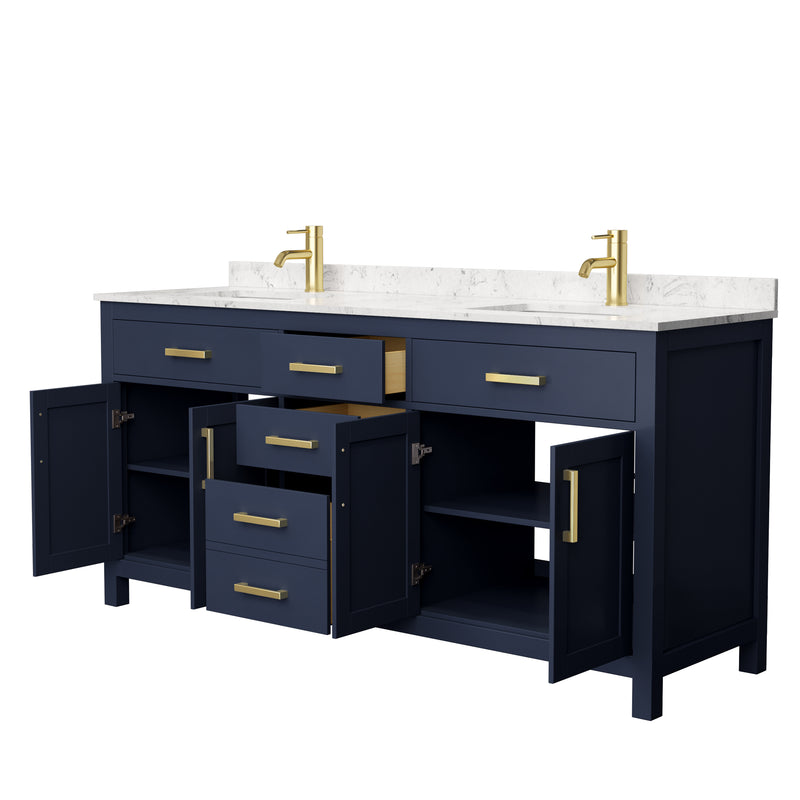 Wyndham Beckett 72" Double Bathroom Vanity In Dark Blue Carrara Cultured Marble Countertop Undermount Square Sinks and No Mirror WCG242472DBLCCUNSMXX