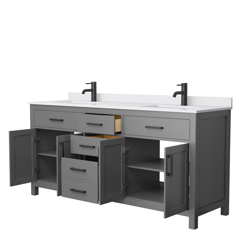 Wyndham Beckett 72" Double Bathroom Vanity In Dark Gray White Cultured Marble Countertop Undermount Square Sinks Matte Black Trim WCG242472DGBWCUNSMXX