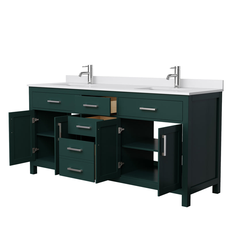 Wyndham Beckett 72" Double Bathroom Vanity In Green White Cultured Marble Countertop Undermount Square Sinks Brushed Nickel Trim WCG242472DGEWCUNSMXX