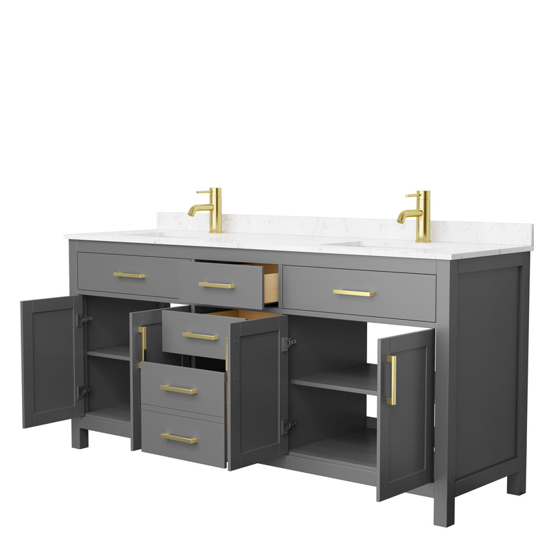 Wyndham Beckett 72" Double Bathroom Vanity In Dark Gray Carrara Cultured Marble Countertop Undermount Square Sinks Brushed Gold Trim WCG242472DGGCCUNSMXX