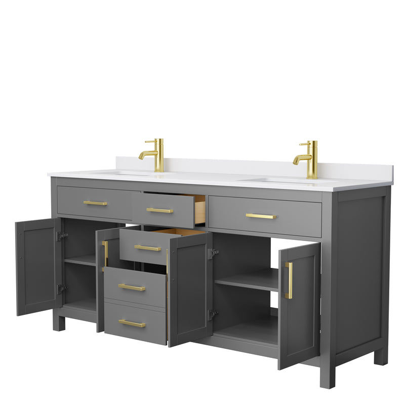 Wyndham Beckett 72" Double Bathroom Vanity In Dark Gray White Cultured Marble Countertop Undermount Square Sinks Brushed Gold Trim WCG242472DGGWCUNSMXX