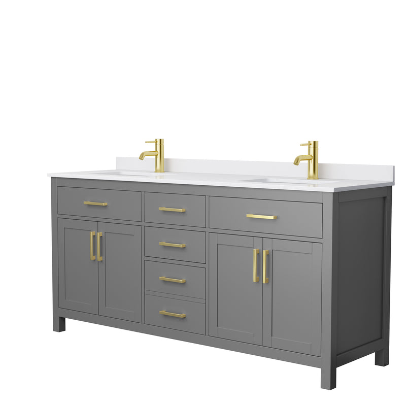 Wyndham Beckett 72" Double Bathroom Vanity In Dark Gray White Cultured Marble Countertop Undermount Square Sinks Brushed Gold Trim WCG242472DGGWCUNSMXX