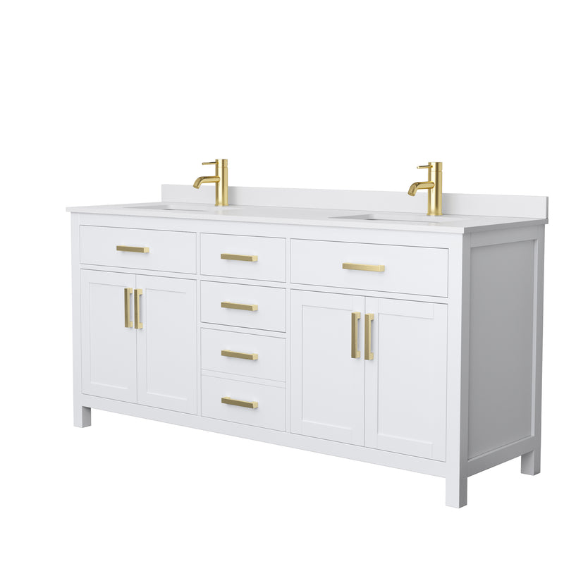 Wyndham Beckett 72" Double Bathroom Vanity In White White Cultured Marble Countertop Undermount Square Sinks Brushed Gold Trims And No Mirror WCG242472DWGWCUNSMXX