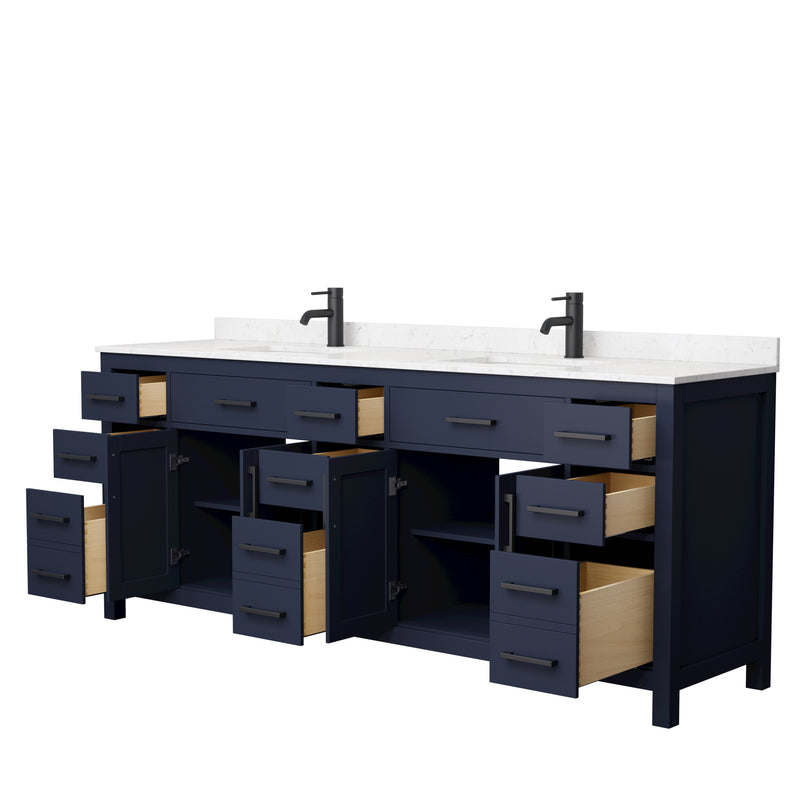 Wyndham Beckett 84" Double Bathroom Vanity In Dark Blue Carrara Cultured Marble Countertop Undermount Square Sinks Matte Black Trim WCG242484DBBCCUNSMXX