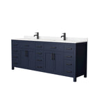 Wyndham Beckett 84" Double Bathroom Vanity In Dark Blue Carrara Cultured Marble Countertop Undermount Square Sinks Matte Black Trim WCG242484DBBCCUNSMXX