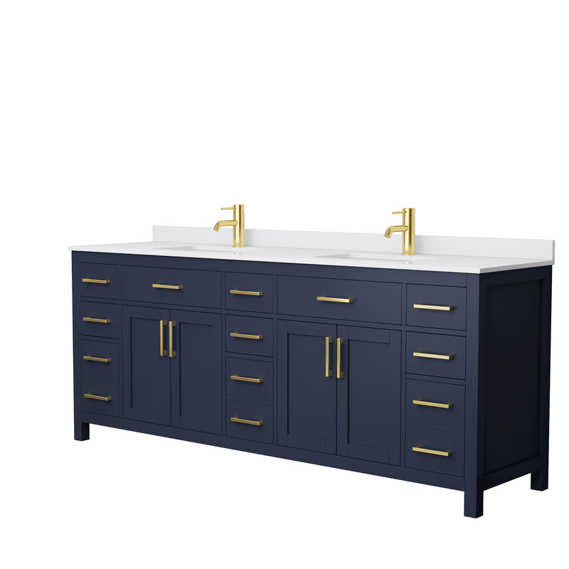 Wyndham Beckett 84" Double Bathroom Vanity In Dark Blue White Cultured Marble Countertop Undermount Square Sinks And No Mirror WCG242484DBLWCUNSMXX