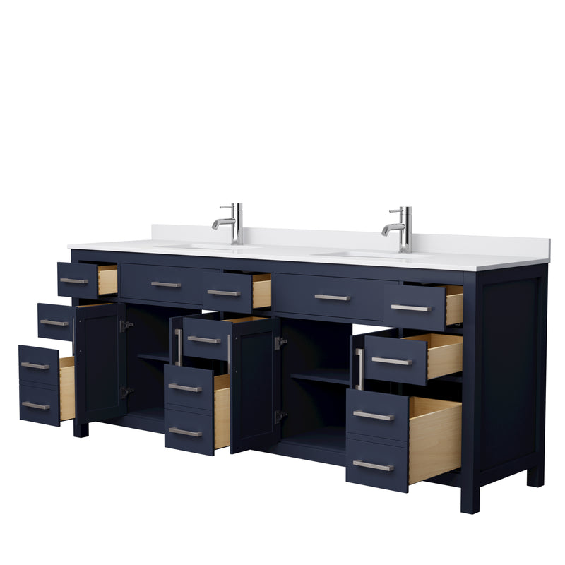 Wyndham Beckett 84" Double Bathroom Vanity In Dark Blue White Cultured Marble Countertop Undermount Square Sinks Brushed Nickel Trim WCG242484DBNWCUNSMXX