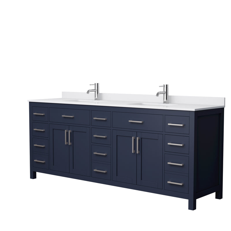 Wyndham Beckett 84" Double Bathroom Vanity In Dark Blue White Cultured Marble Countertop Undermount Square Sinks Brushed Nickel Trim WCG242484DBNWCUNSMXX