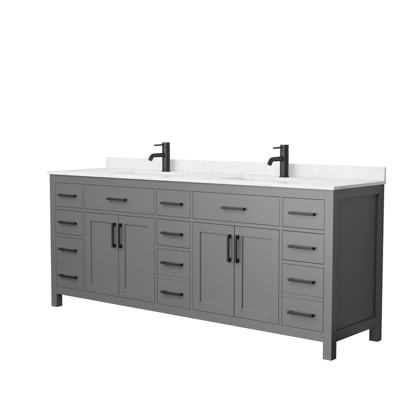 Wyndham Beckett 84" Double Bathroom Vanity In Dark Gray Carrara Cultured Marble Countertop Undermount Square Sinks Matte Black Trim WCG242484DGBCCUNSMXX