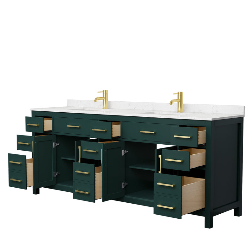 Wyndham Beckett 84" Double Bathroom Vanity In Green Carrara Cultured Marble Countertop Undermount Square Sinks Brushed Gold Trim WCG242484DGDCCUNSMXX