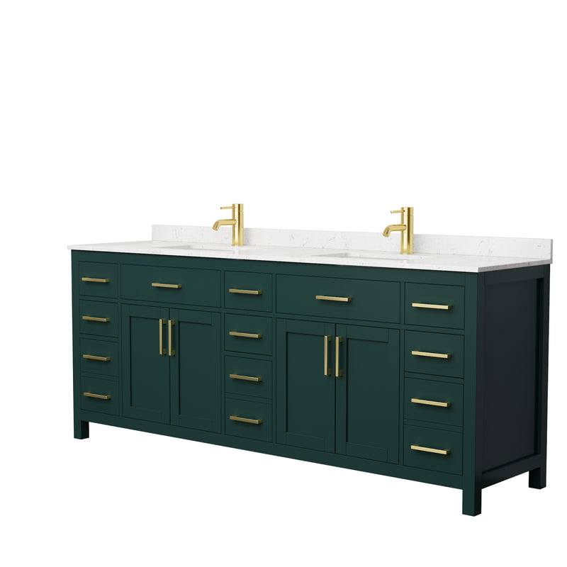 Wyndham Beckett 84" Double Bathroom Vanity In Green Carrara Cultured Marble Countertop Undermount Square Sinks Brushed Gold Trim WCG242484DGDCCUNSMXX