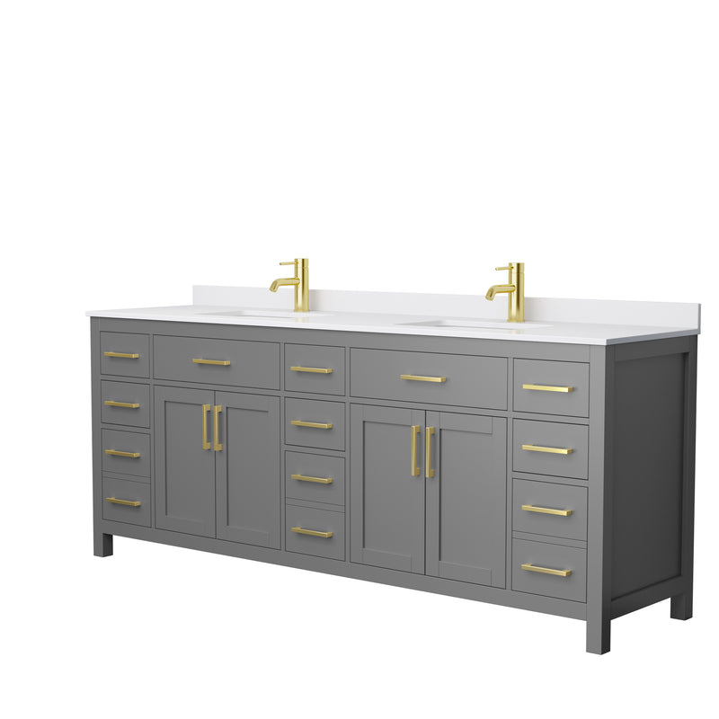 Wyndham Beckett 84" Double Bathroom Vanity In Dark Gray White Cultured Marble Countertop Undermount Square Sinks Brushed Gold Trim WCG242484DGGWCUNSMXX