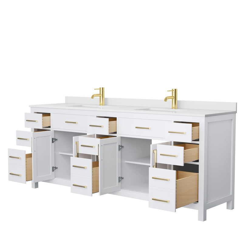 Wyndham Beckett 84" Double Bathroom Vanity In White White Cultured Marble Countertop Undermount Square Sinks Brushed Gold Trims and No Mirror WCG242484DWGWCUNSMXX