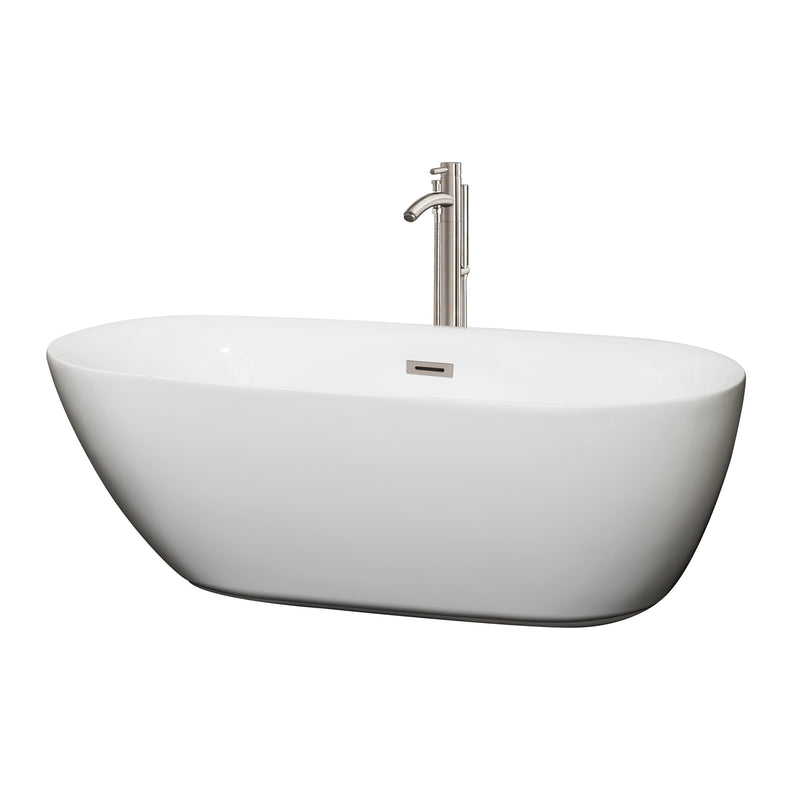 Wyndham Melissa 65" Freestanding Bathtub In White With Floor Mounted Faucet Drain And Overflow Trim In Brushed Nickel WCOBT100065ATP11BN