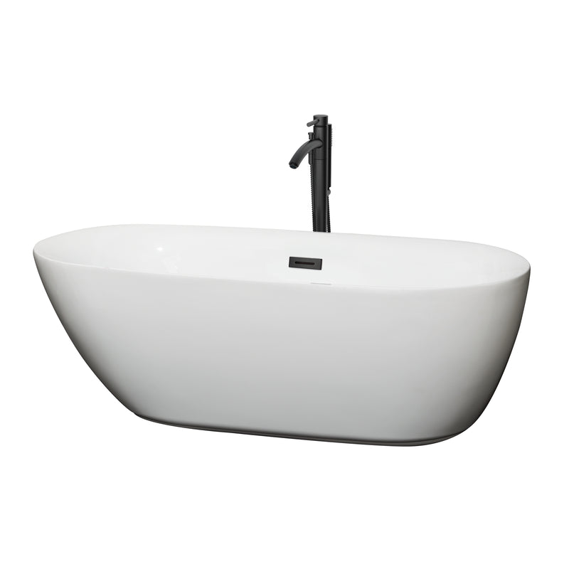 Wyndham Melissa 65" Soaking Bathtub In White With Floor Mounted Faucet Drain And Overflow Trim In Matte Black WCOBT100065MBATPBK