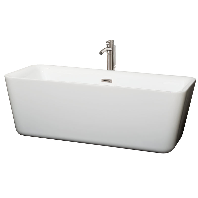 Wyndham Emily 69" Freestanding Bathtub In White With Floor Mounted Faucet Drain And Overflow Trim In Brushed Nickel WCOBT100169ATP11BN