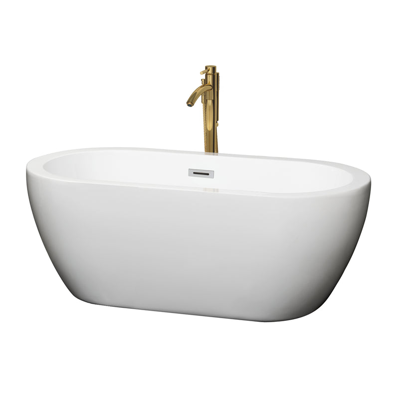 Wyndham Soho 60" Soaking Bathtub In White With Polished Chrome Trim And Floor Mounted Faucet In Brushed Gold WCOBT100260PCATPGD