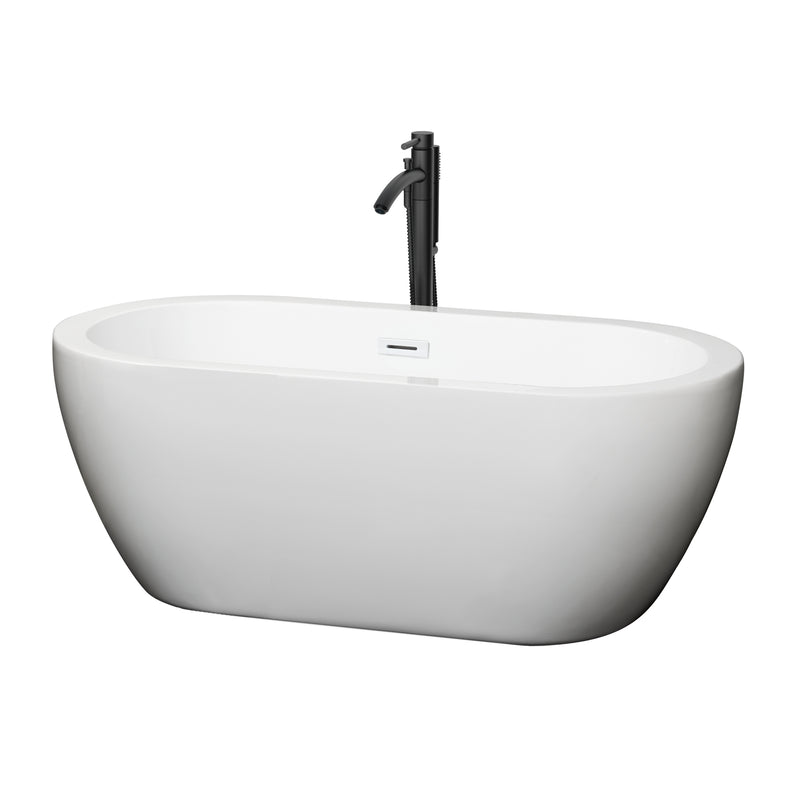 Wyndham Soho 60" Soaking Bathtub In White With Shiny White Trim And Floor Mounted Faucet In Matte Black WCOBT100260SWATPBK