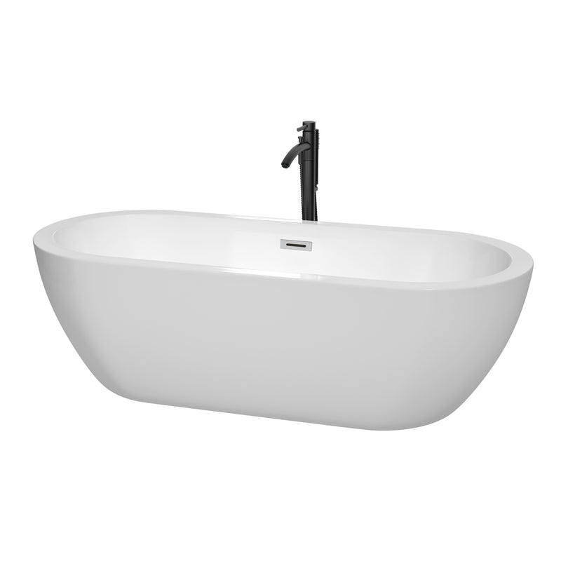 Wyndham Soho 72" Soaking Bathtub In White With Polished Chrome Trim And Floor Mounted Faucet In Matte Black WCOBT100272PCATPBK