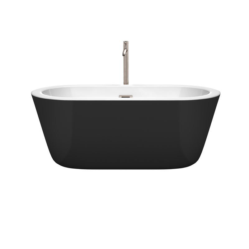 Wyndham Mermaid 60" Freestanding Bathtub in White Black Exterior with Floor Mounted Faucet Drain and Overflow Trim in Brushed Nickel WCOBT100360BKATP11BN