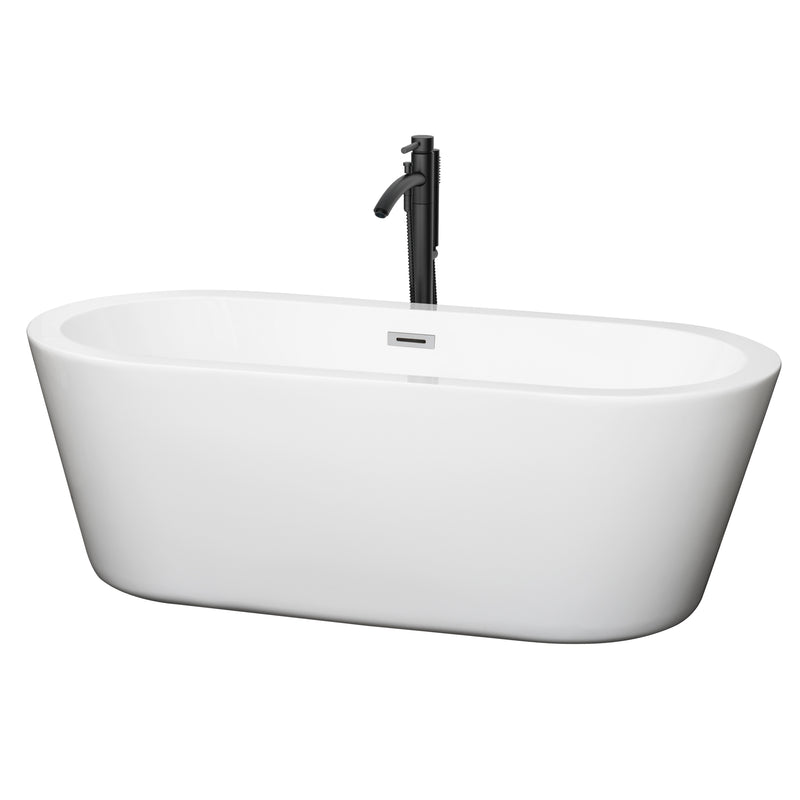 Wyndham Mermaid 67" Freestanding Bathtub In White With Polished Chrome Trim And Floor Mounted Faucet In Matte Black WCOBT100367PCATPBK