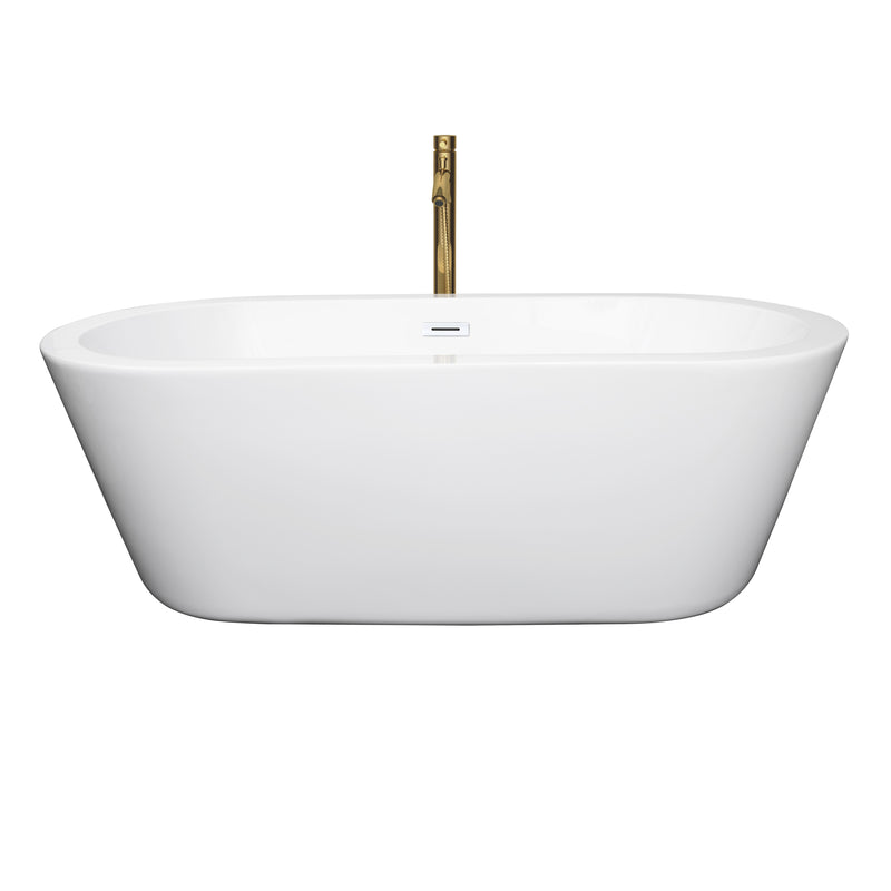 Wyndham Mermaid 67" Freestanding Bathtub in White with Shiny White Trim and Floor Mounted Faucet in Brushed Gold WCOBT100367SWATPGD