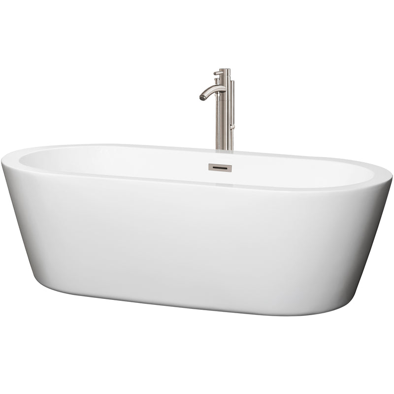 Wyndham Mermaid 71" Freestanding Bathtub In White With Floor Mounted Faucet Drain And Overflow Trim In Brushed Nickel WCOBT100371ATP11BN