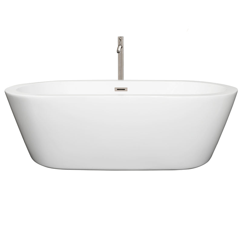 Wyndham Mermaid 71" Freestanding Bathtub in White with Floor Mounted Faucet Drain and Overflow Trim in Brushed Nickel WCOBT100371ATP11BN