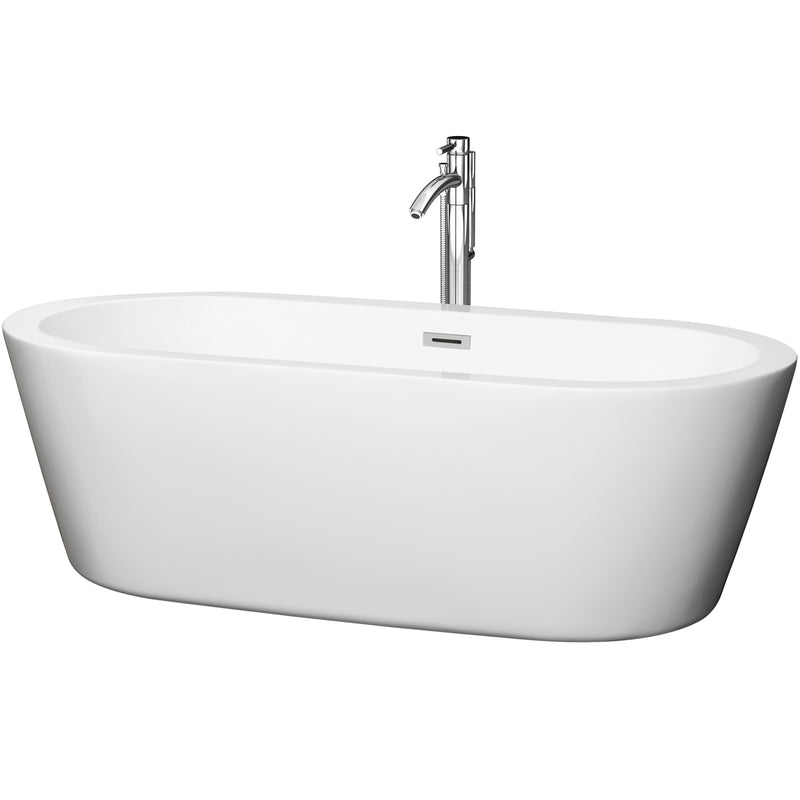 Wyndham Mermaid 71" Freestanding Bathtub In White With Floor Mounted Faucet Drain And Overflow Trim In Polished Chrome WCOBT100371ATP11PC