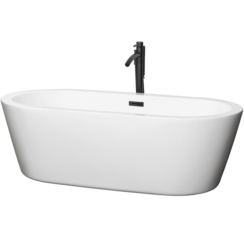 Wyndham Mermaid 71" Freestanding Bathtub In White With Floor Mounted Faucet Drain And Overflow Trim In Matte Black WCOBT100371MBATPBK