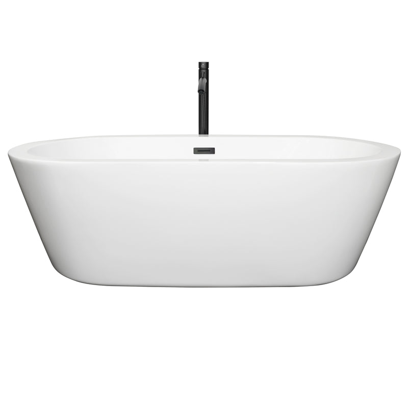 Wyndham Mermaid 71" Freestanding Bathtub in White with Floor Mounted Faucet Drain and Overflow Trim in Matte Black WCOBT100371MBATPBK