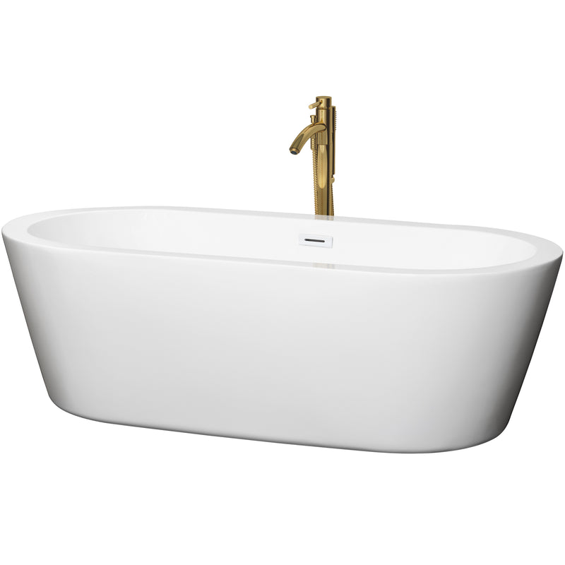 Wyndham Mermaid 71" Freestanding Bathtub In White With Shiny White Trim And Floor Mounted Faucet In Brushed Gold WCOBT100371SWATPGD